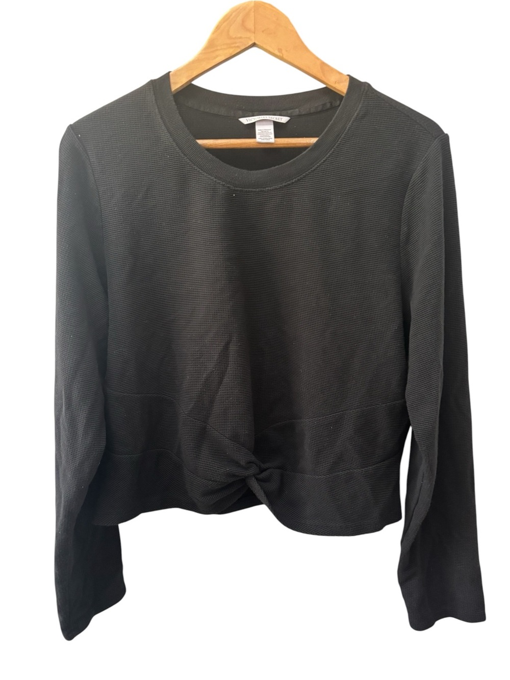 Victoria Secret Crop Waffle Knit Knot Top Womens Size XXL Black Long Sleeve